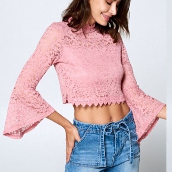 Women's Crop Top Bell Sleeve Pink Blouse - Picture 1 of 6